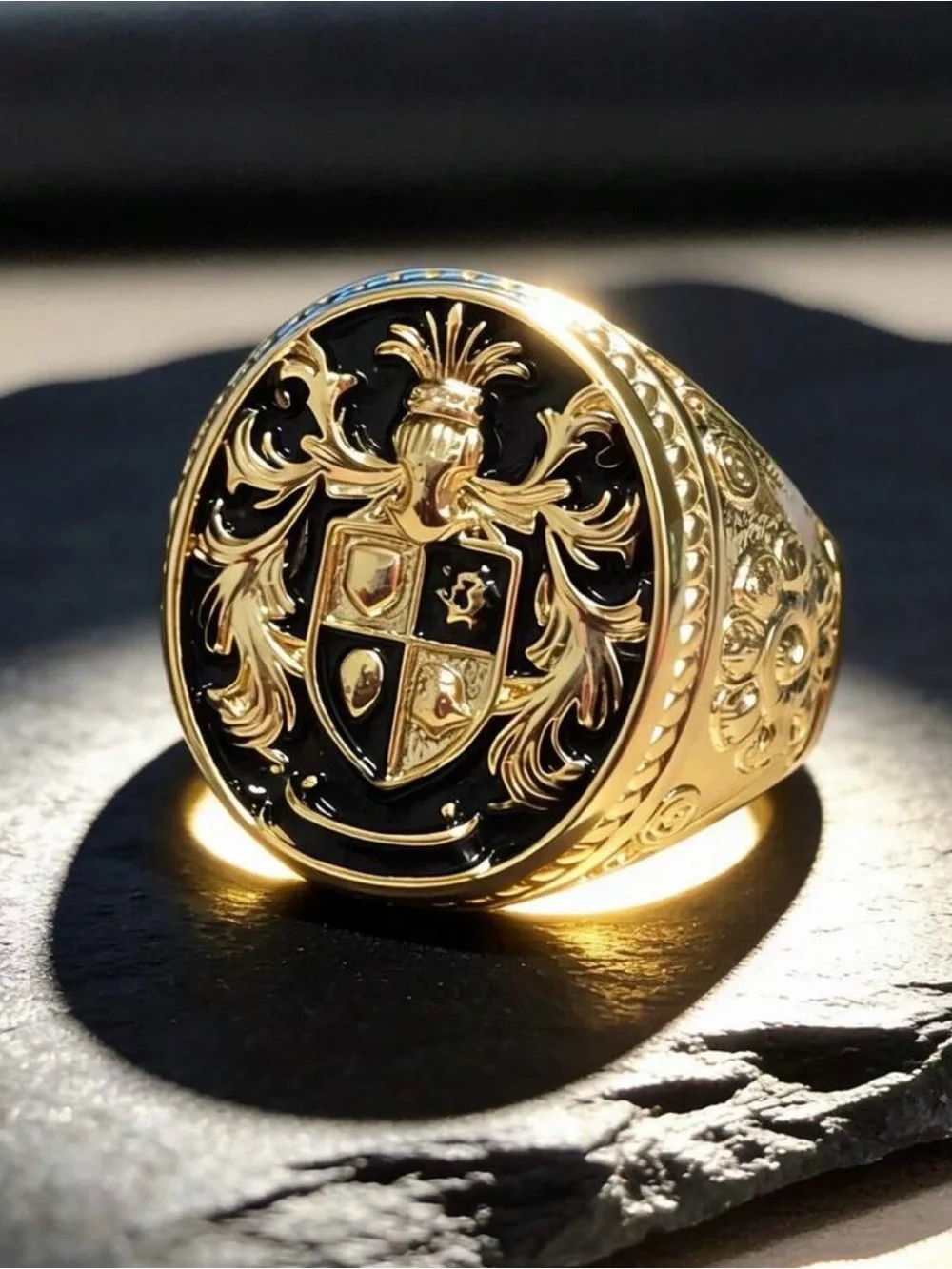 New Arrivals Fashion Gold-Tone Crest Signet Ring for Men - Black Enamel Detail